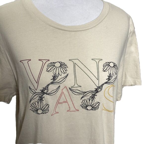 Vans Off the Wall Cropped Short Sleeve T-Shirt Tee Cream Floral Daisy Pattern XL - Picture 2 of 7